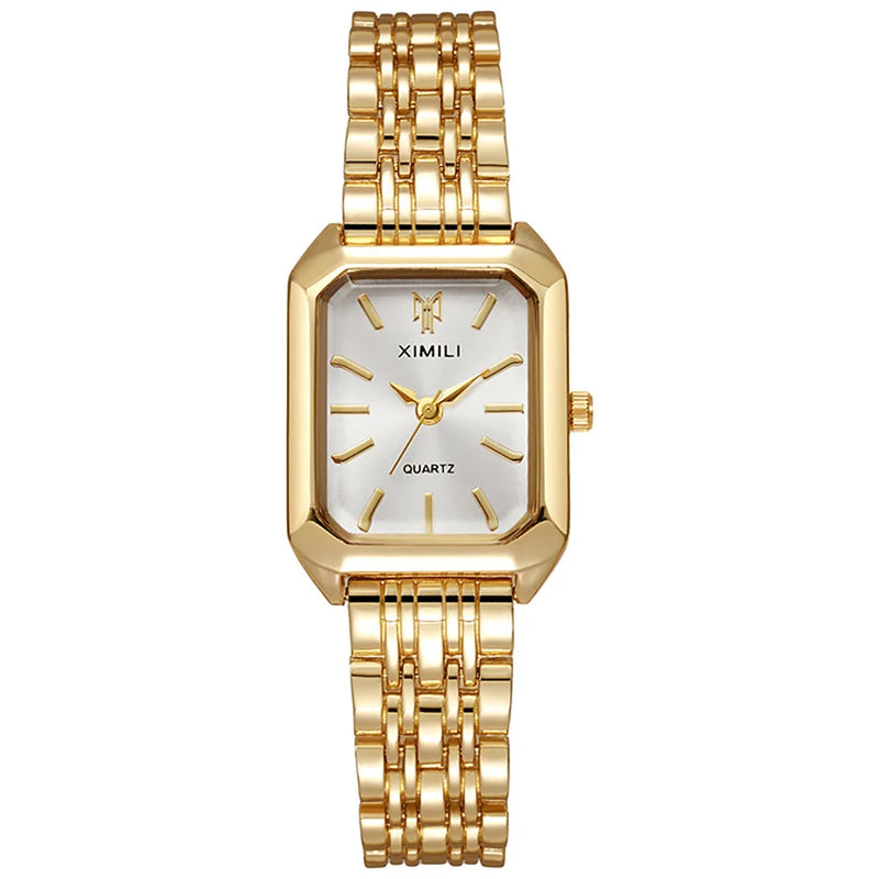 Luxury Ladies Fashion Quartz Watch Simple Scale Square Quality Gold Plated Women Watches Business Stainless Steel Folding Clock