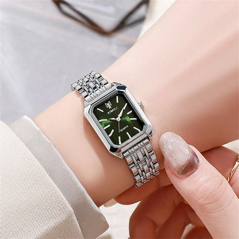 Luxury Ladies Fashion Quartz Watch Simple Scale Square Quality Gold Plated Women Watches Business Stainless Steel Folding Clock